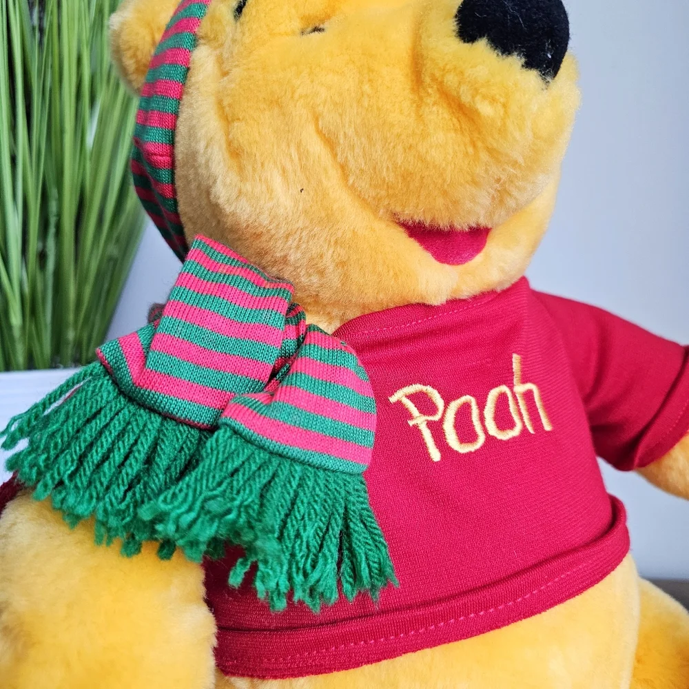 Vintage Disney Winnie the Pooh Plush 14” Mattel Arcotoys Holiday Scarf Red Shirt